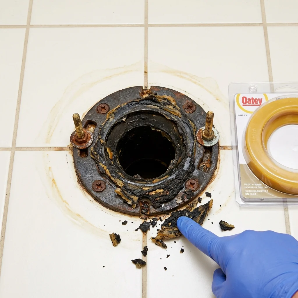 Failed wax ring showing water seepage at the base of a toilet in a Montrose, MN home