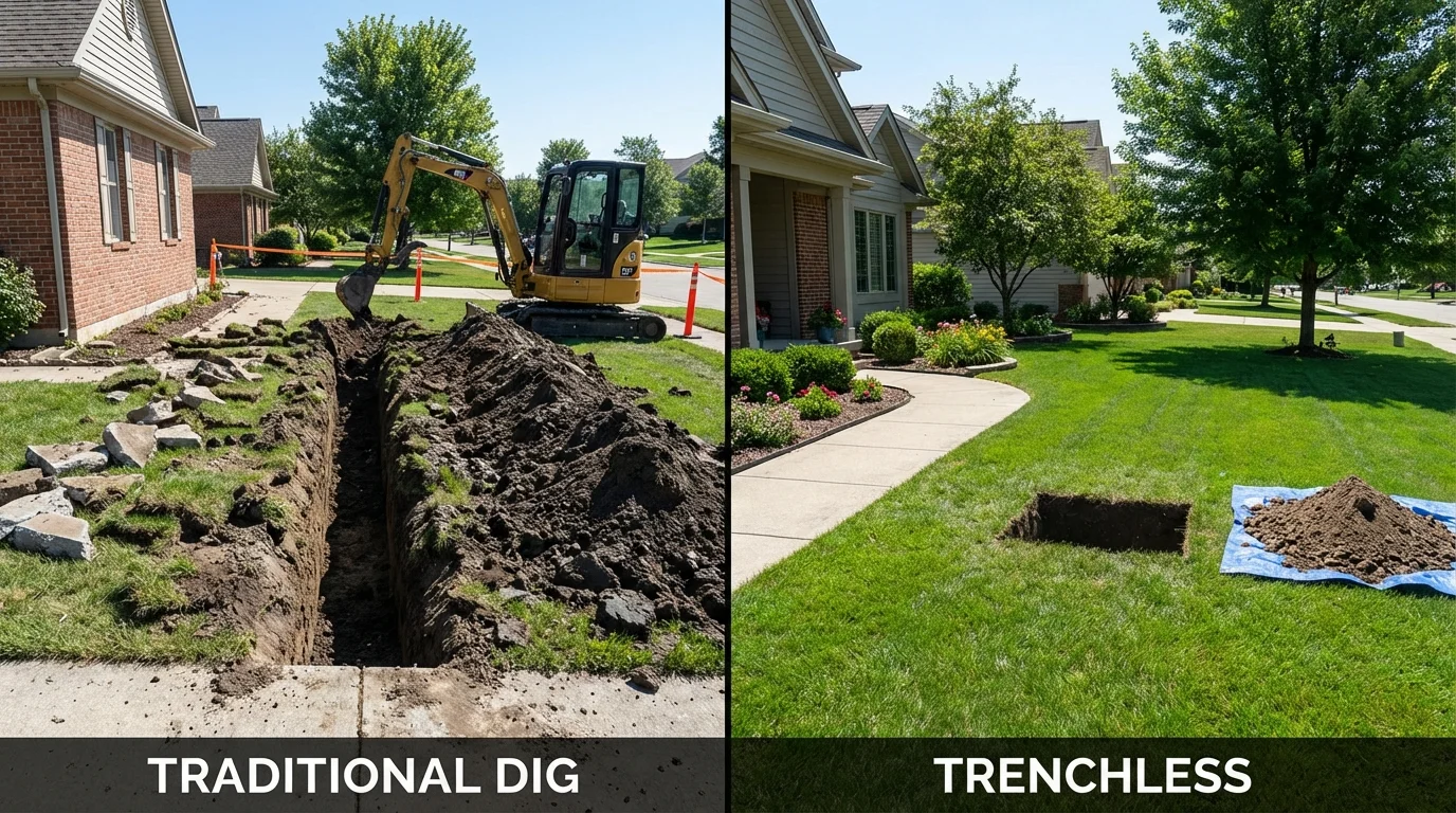 Trenchless sewer repair with minimal yard damage versus traditional excavation in Montrose, MN